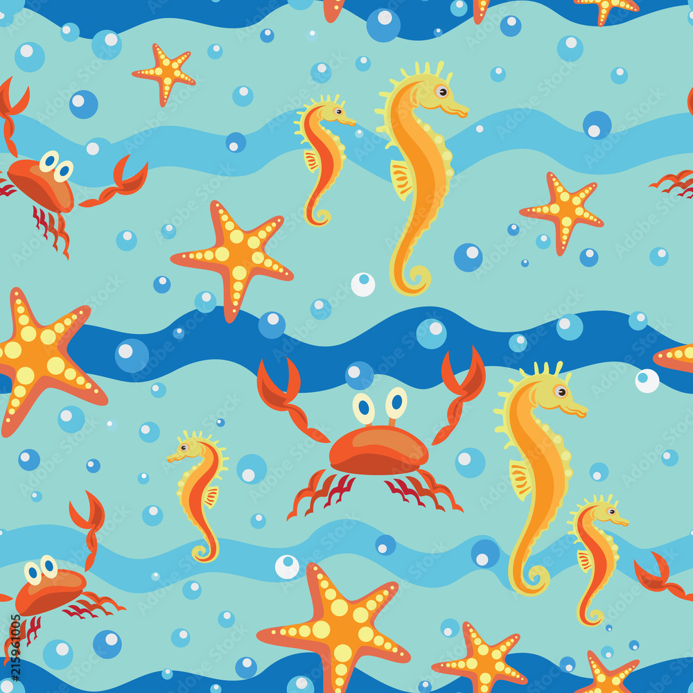 Seahorse, starfish and crab. Seamless pattern. The background is a blue summer sea. Design for textiles, tapestries, a poster with children's characters cartoon sea creatures.