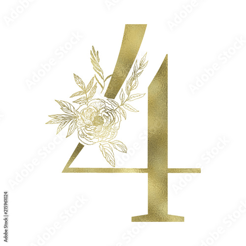 Floral figure. Vintage decorative gold numeral