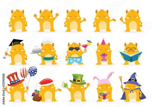 Cute Monster Character With Different Gestures And Props
