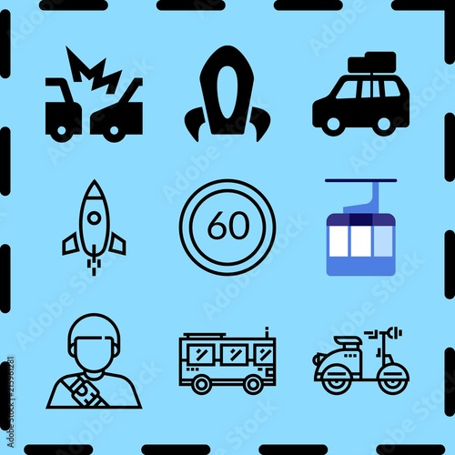 Simple 9 icon set of travel related aerial tramway, space transport, car and speed limit vector icons. Collection Illustration