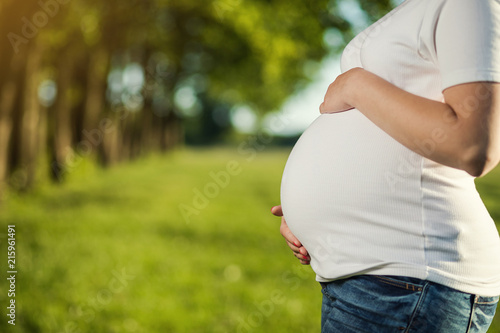 pregnant woman hugs her belly. Copy space