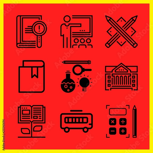 Simple 9 icon set of edication related school bus, calculator, classroom and school vector icons. Collection Illustration