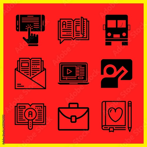 Simple 9 icon set of edication related school bus, lecture, open book and ebook vector icons. Collection Illustration
