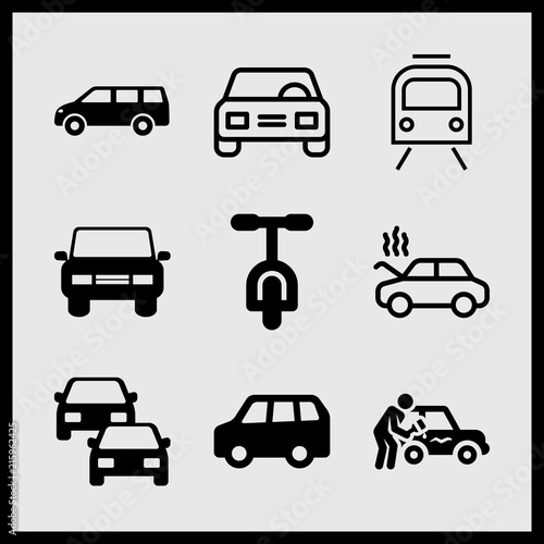 Simple 9 icon set of car related car, van, car repair and front car vector icons. Collection Illustration © Tavakkul