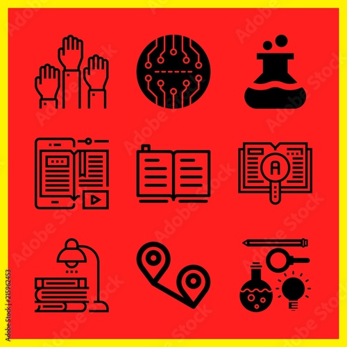 Simple 9 icon set of edication related raise hand, learning, ebook and studying vector icons. Collection Illustration