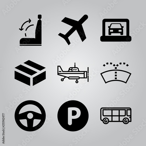Simple 9 icon set of transport related box, airplane, airplane and parkig vector icons. Collection Illustration