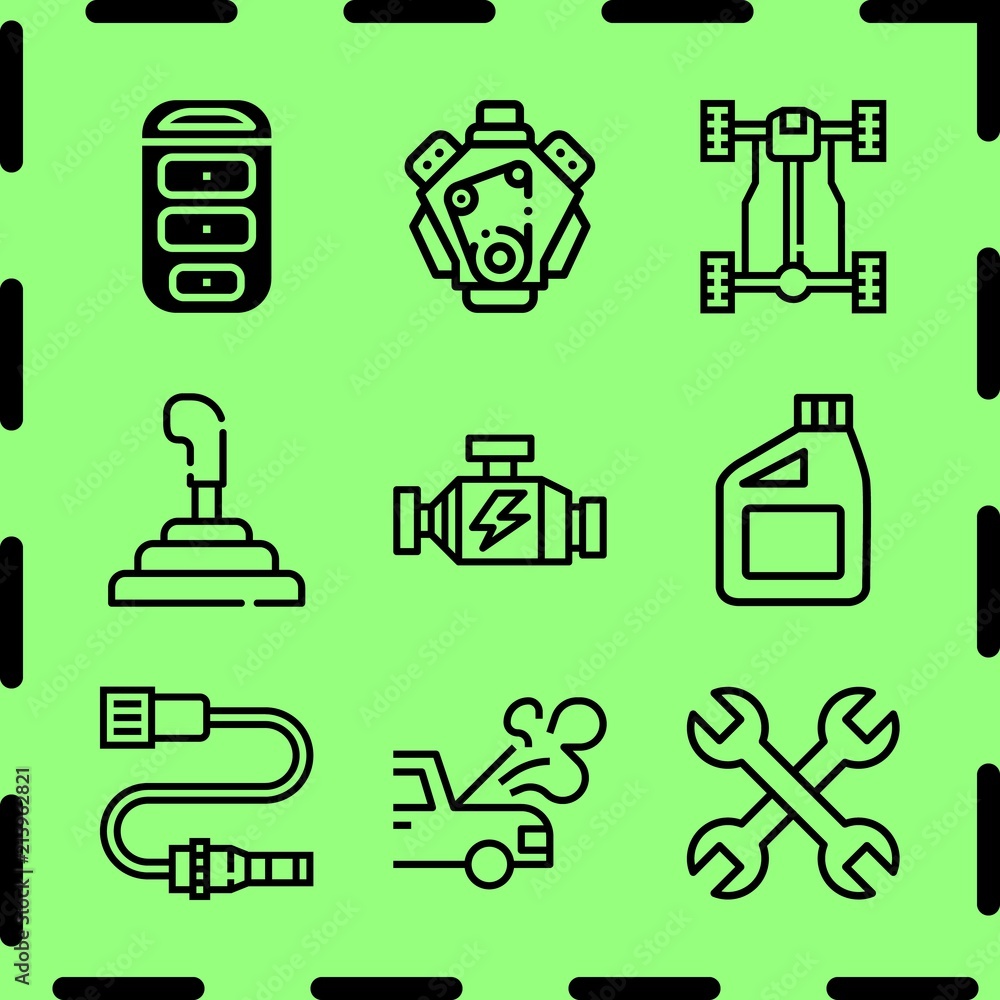 Simple 9 icon set of service related wrench, car oil, breakdown and chassis vector icons. Collection Illustration Simple 9 icon set of service related wrench, car oil, breakdown and chassis vector icons. Collection Illustration