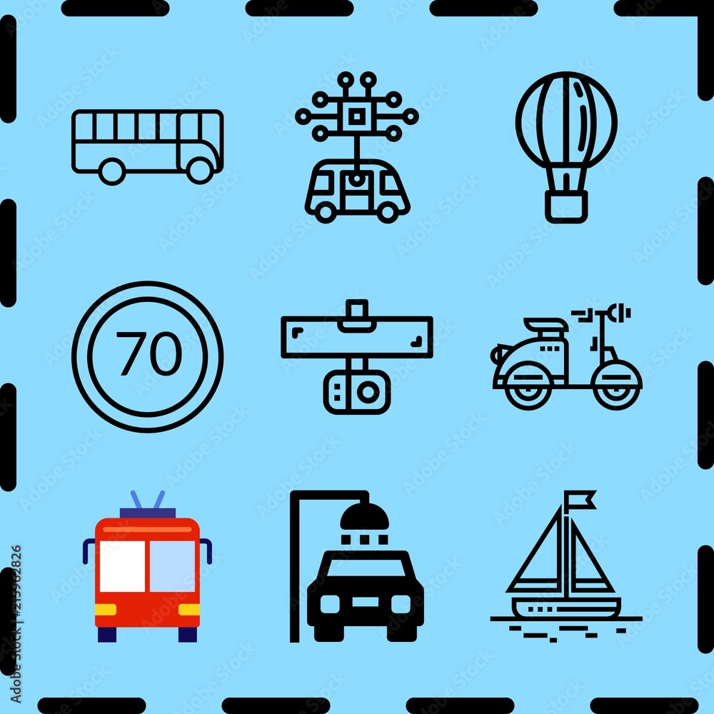 Simple 9 icon set of travel related hot air balloon, car, motorcycle and speed limit vector icons. Collection Illustration Simple 9 icon set of travel related hot air balloon, car, motorcycle and speed limit vector icons. Collection Illustration