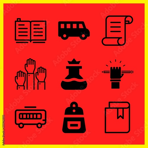 Simple 9 icon set of edication related education, flask, open book and school bus vector icons. Collection Illustration