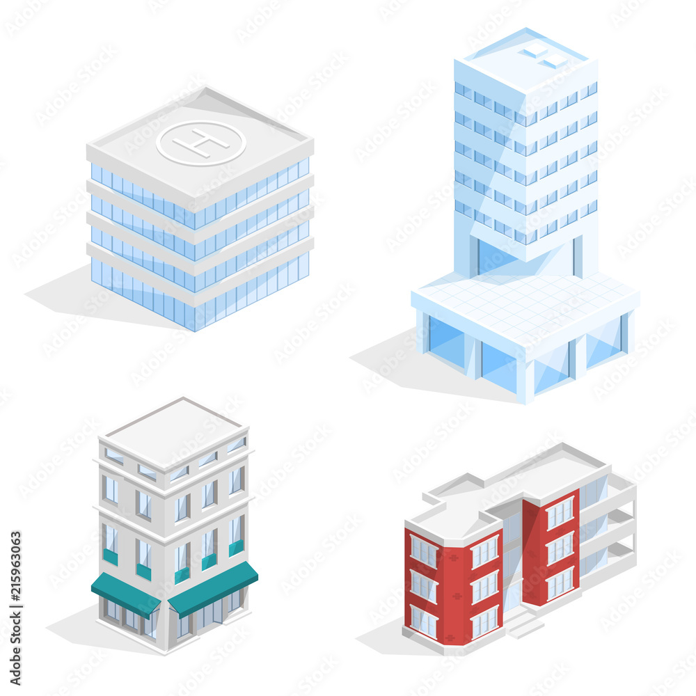 City buildings vector illustration of isometric residential houses and business center offices, houses with balcony and helicopter platform or helipad. Isolated modern architecture models