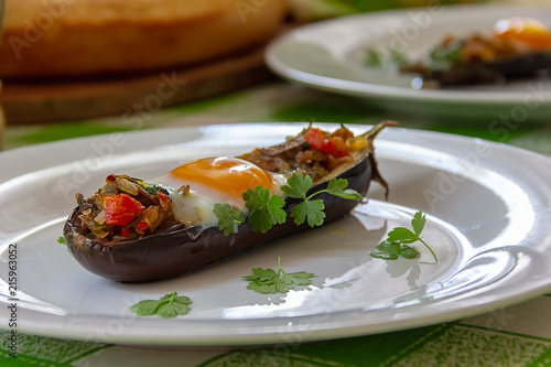 scrambled eggs and stuffed eggplant, Boat