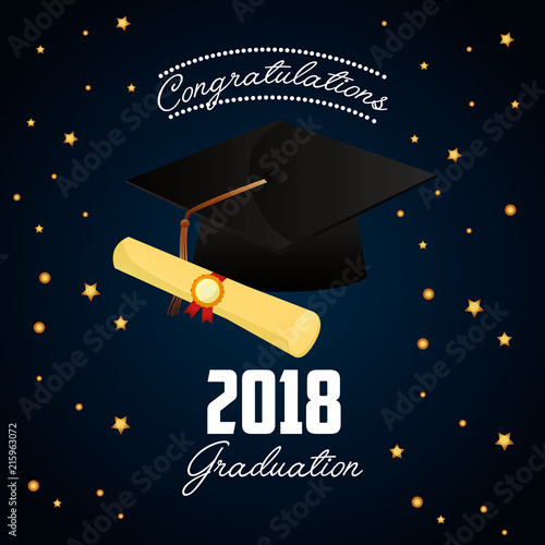 congratulations graduation hat certificate sign stars vector illustration