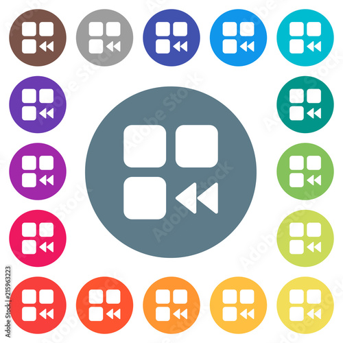 Component fast backward flat white icons on round color backgrounds