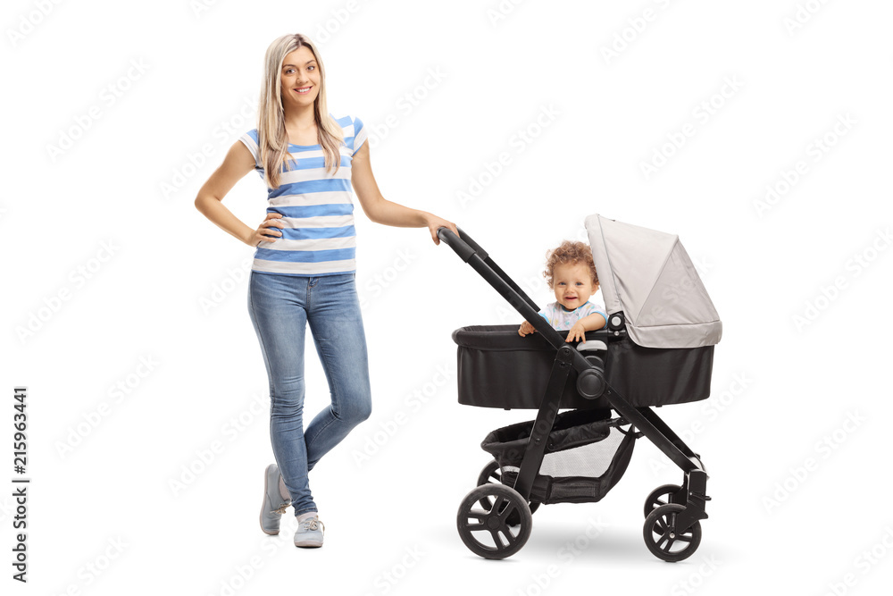 Mother with a baby boy in a stroller Mother with a baby boy in a stroller