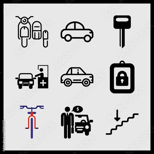 Simple 9 icon set of car related car, bike, car and car vector icons. Collection Illustration