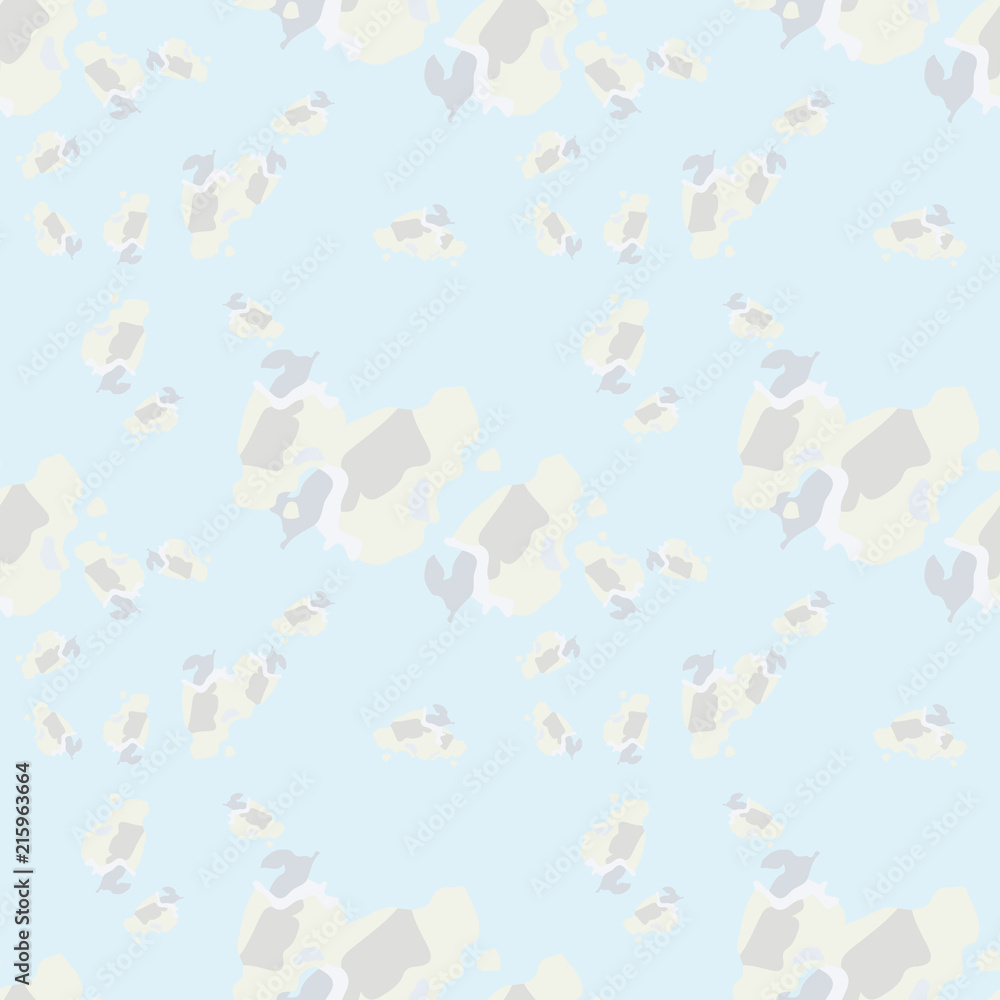 UFO military camouflage seamless pattern in light blue and different shades of grey and beige colors