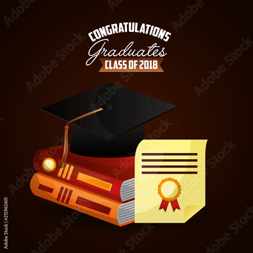 congratulations graduation hat with books certificate vector illustration