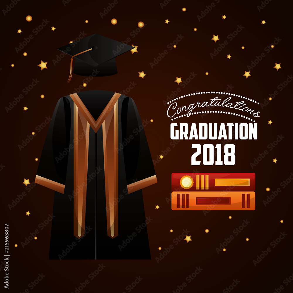 Fototapeta premium congratulations graduation dress sign books stars brown background vector illustration