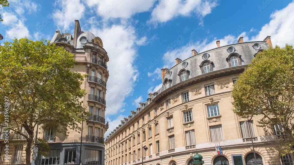 Paris, beautiful buildings in the Quartier latin, typical parisian facade boulevard Saint-Michel 
