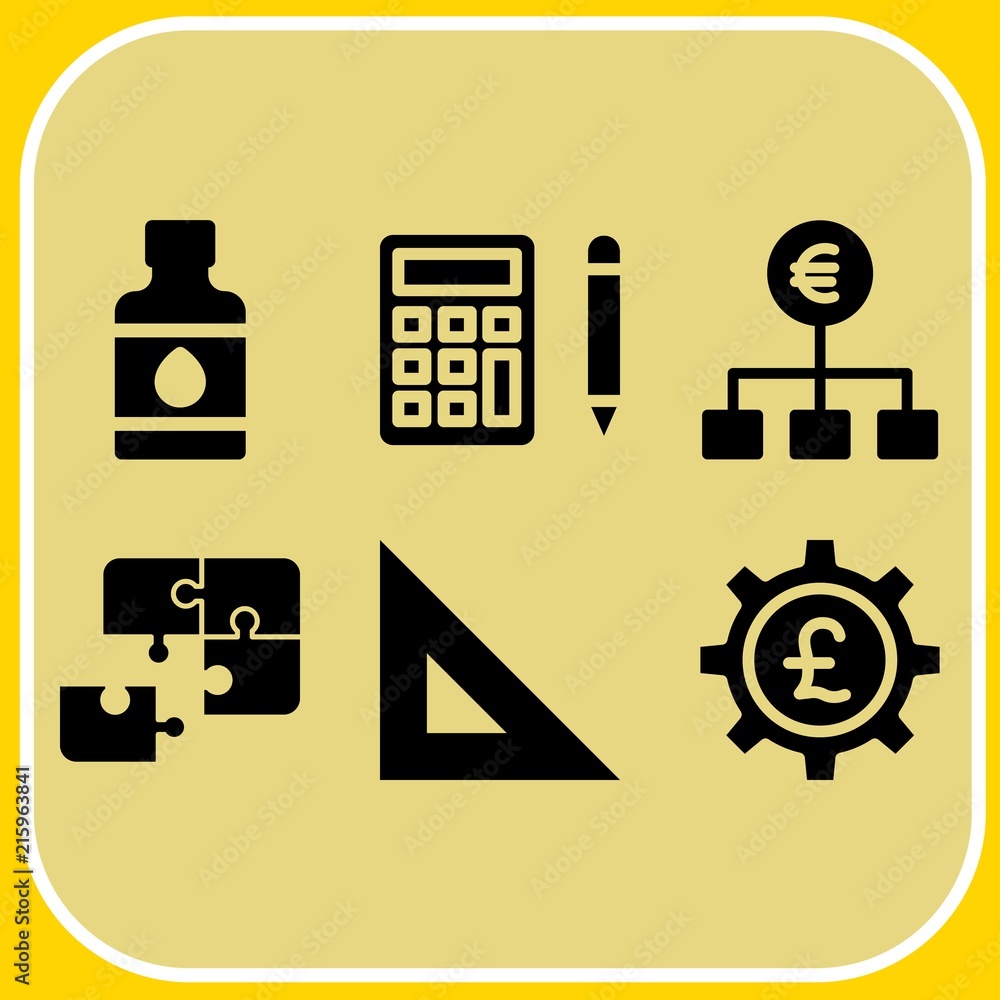 Simple 6 icon set of business related ruler, ink bottle, calculator and puzzle vector icons. Collection Illustration Simple 6 icon set of business related ruler, ink bottle, calculator and puzzle vector icons. Collection Illustration