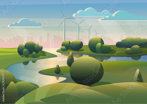 Green lands field landscape with river, wind turbines windmills and modern city under blue sky. Ecology alternative wind energy.
