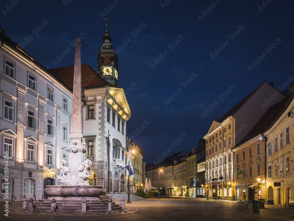 Town hall and Robba fountain at Mestni trg at night  in Ljubljana, Slovenia