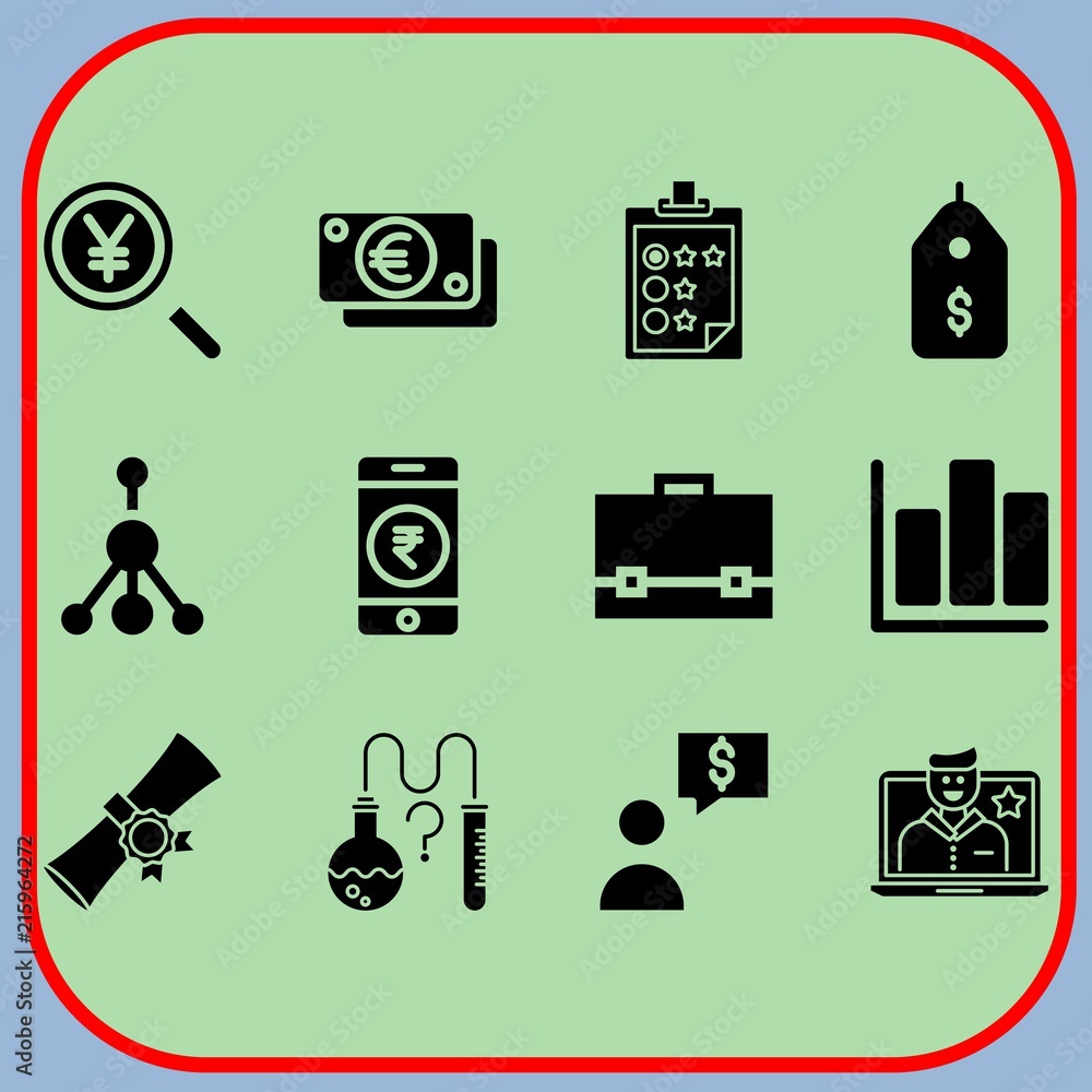 Simple 12 icon set of business related clipboard, diploma, yen and smartphone vector icons. Collection Illustration