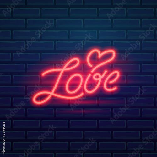 Set of fashion neon sign. Night bright signboard Love, Glowing light banner. Summer logo, emblem. Club or bar on dark background. Editable vector.