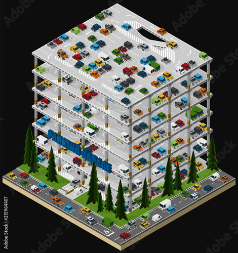 Vector isometric illustration of a multi storey car park and parked vehicles describing the internal structure of a multi-level parking garage.