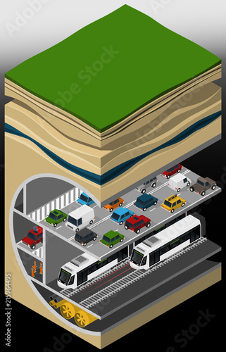Vector isometric illustration of an element of urban infrastructure consisting of a subway tunnel and underground car tunnel.