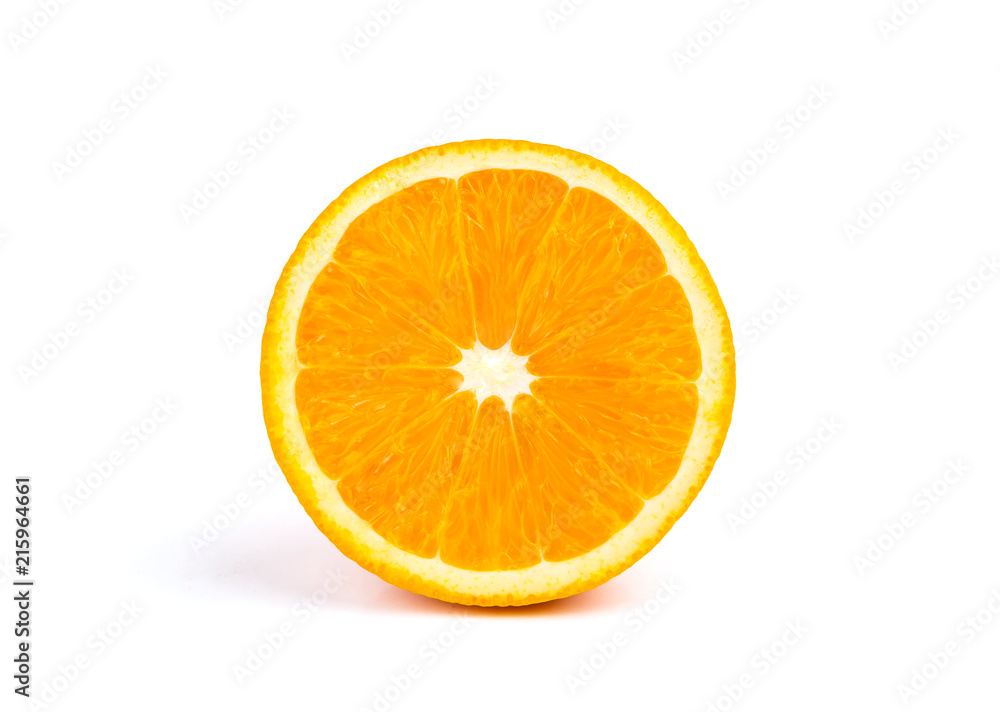 Ripe orange fruit on white background. Round orang slice. Ripe orange fruit on white background. Round orang slice.