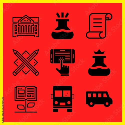 Simple 9 icon set of edication related flask, pencils, open book and school bus vector icons. Collection Illustration