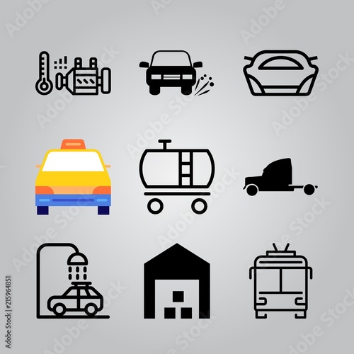 Simple 9 icon set of transport related warehouse, small truck, tank wagon and car vector icons. Collection Illustration