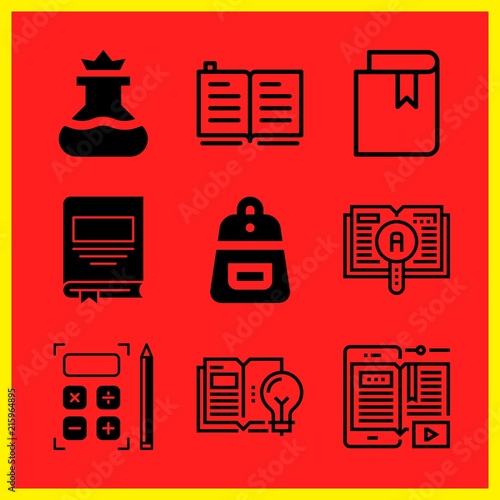 Simple 9 icon set of edication related flask, open book, ebook and book vector icons. Collection Illustration