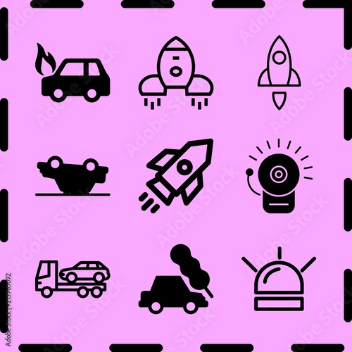 Simple 9 icon set of fire related car crash tree, rocket, siren and rocket vector icons. Collection Illustration