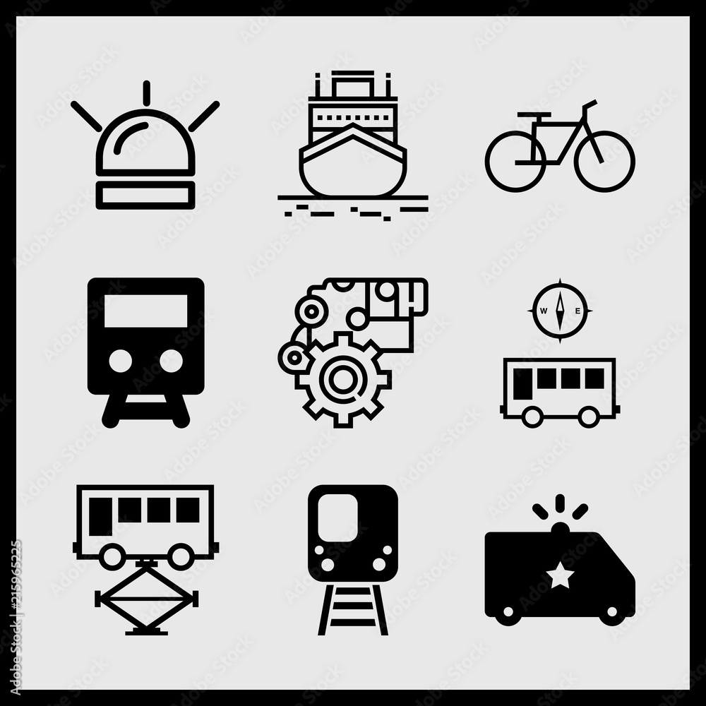 Simple 9 icon set of car related bus with a compass, railway line, repairing bus and car parts vector icons. Collection Illustration Simple 9 icon set of car related bus with a compass, railway line, repairing bus and car parts vector icons. Collection Illustration