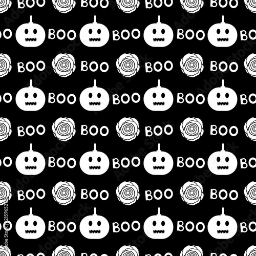 Seamless pattern with white pumpkins, roses and words Boo on the black background.