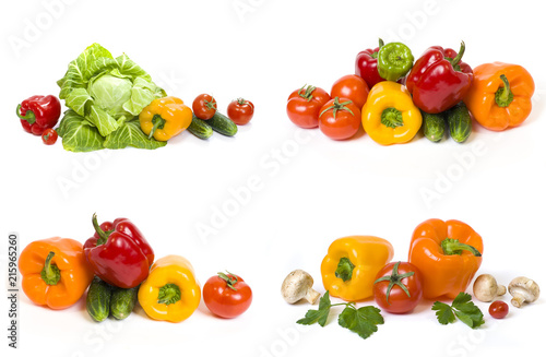Green cabbage. Yellow pepper. Red tomatoes and cucumbers on a white background. Composition from different vegetables on a white background.