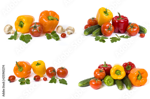 Green cabbage. Yellow pepper. Red tomatoes and cucumbers on a white background. Composition from different vegetables on a white background. © liubovi samoilova