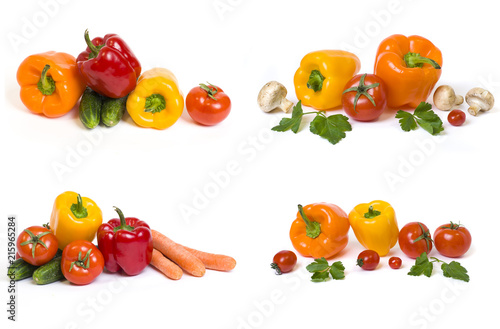 Green cabbage. Yellow pepper. Red tomatoes and cucumbers on a white background. Composition from different vegetables on a white background.