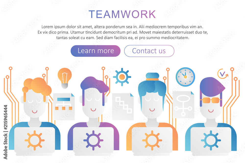 Team work trendy flat gradient color poster concept illustration for web.