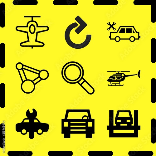 Simple 9 icon set of business related mechanics, airplane, helicopter and car repair vector icons. Collection Illustration