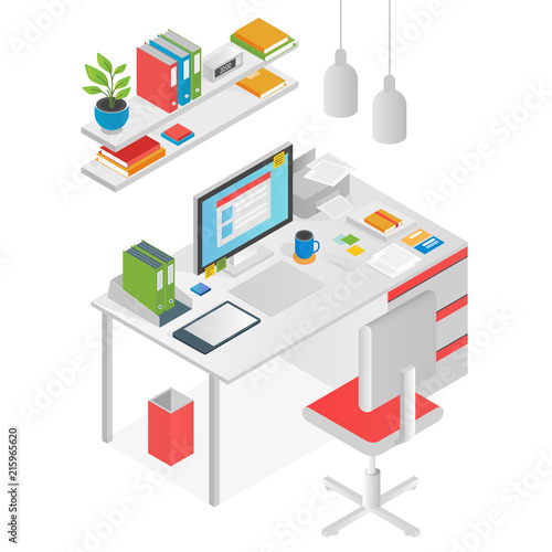 Flat isometric workspace worl place concept vector isolated.