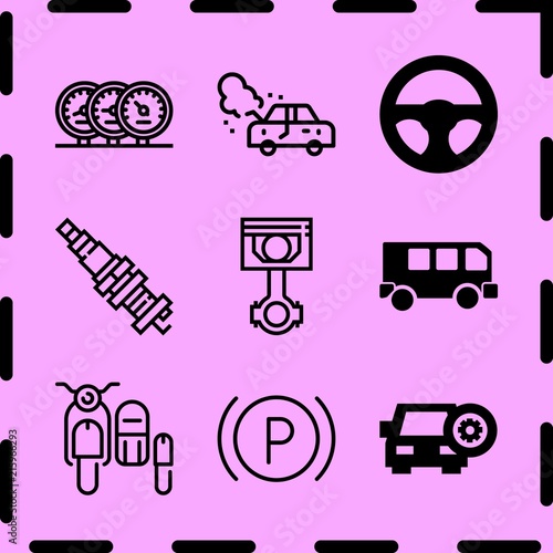 Simple 9 icon set of car related parking, steering wheel, car parts and sidecar vector icons. Collection Illustration