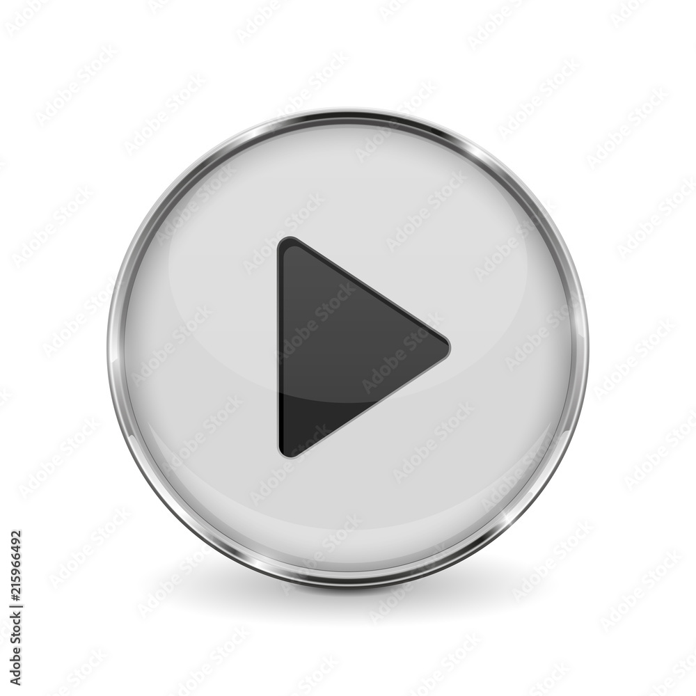 Play button. White 3d icon with metal frame Play button. White 3d icon with metal frame