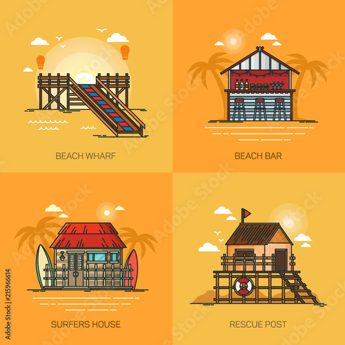Beach with pier and bar, rescue post and house