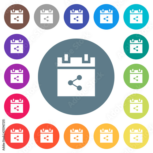 Share schedule item flat white icons on round color backgrounds