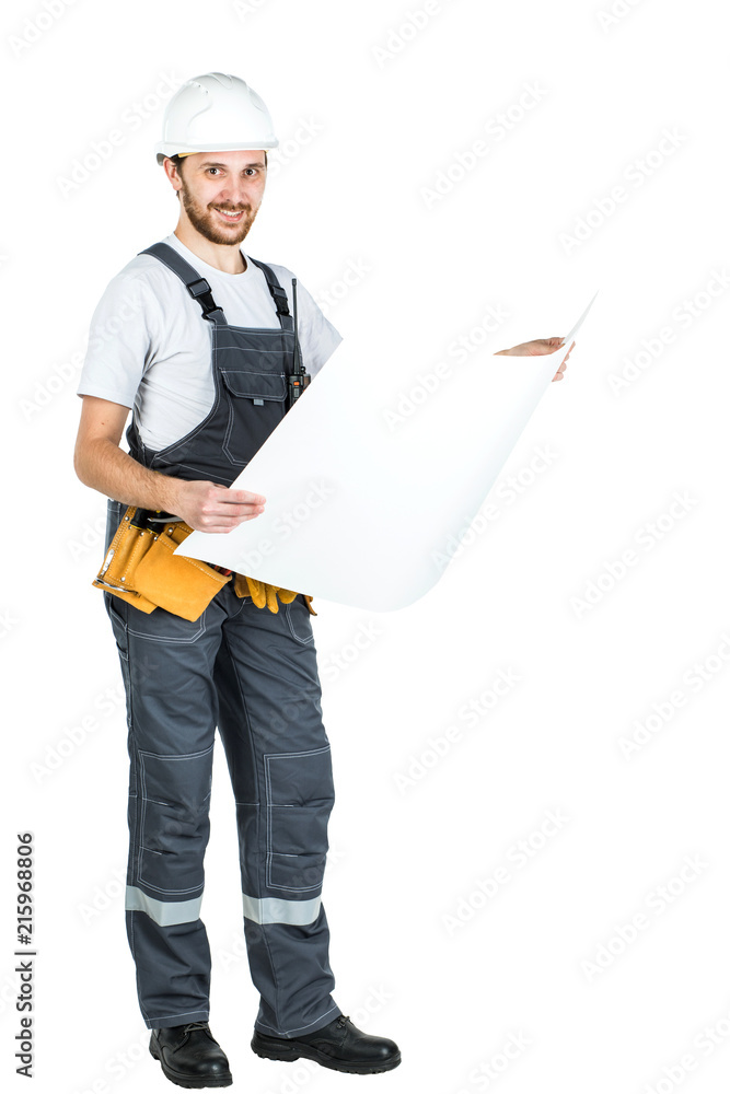 Full length portrait of a male builder. repair and construction. Isolated on white background Full length portrait of a male builder. repair and construction. Isolated on white background