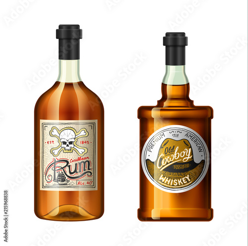 Alcohol drinks in a bottle with different vintage labels. Realistic Whiskey Rum. Vector illustration for the menu. logo engraved hand drawn.