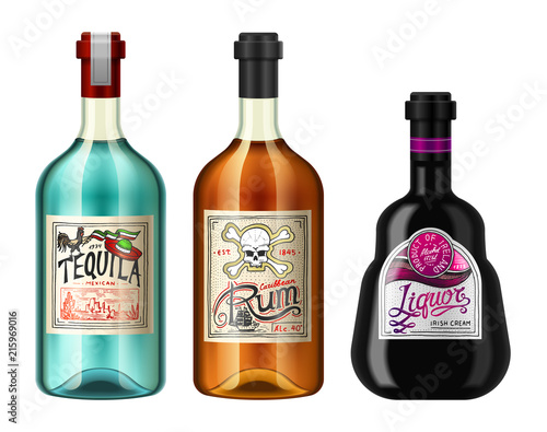 Alcohol drinks in a bottle with different vintage labels. Realistic Liqueur Tequila Rum. Vector illustration for the menu. logo engraved hand drawn.